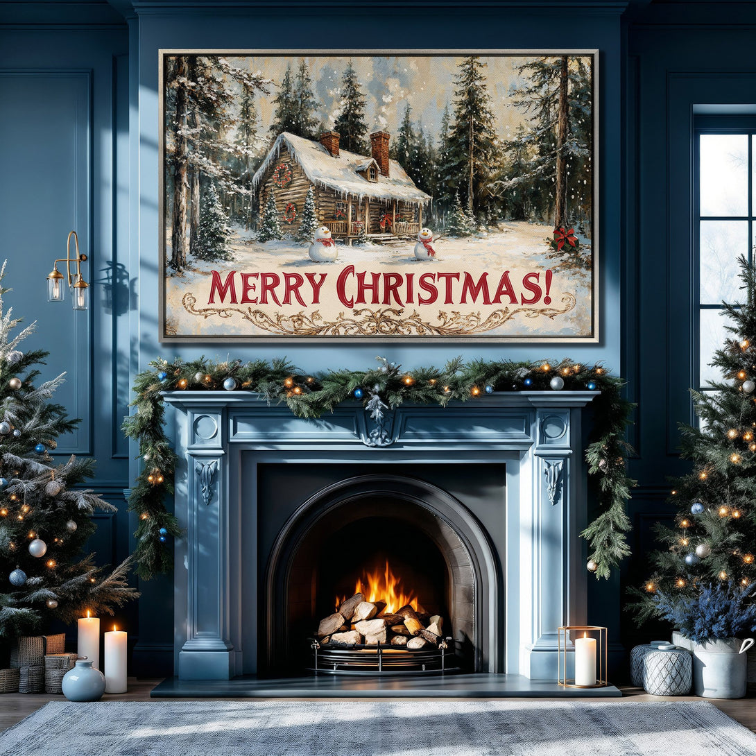Framed Wall Art: Cozy Christmas scene with a snowy cabin. Rustic style, warm red and gold accents against a cool blue backdrop. Perfect holiday decor!