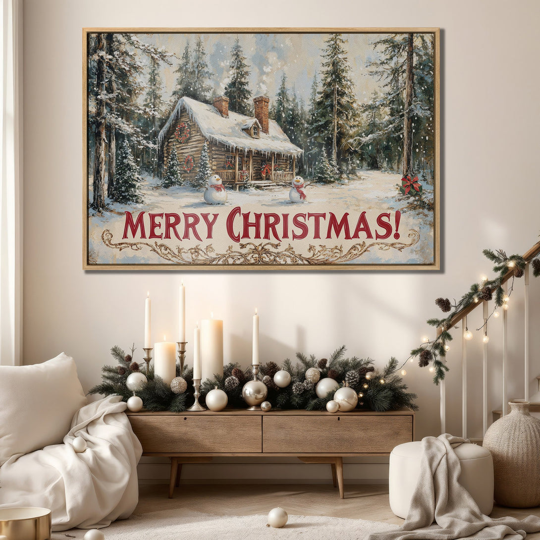 Framed Wall Art: Cozy Christmas cabin scene in a snowy forest. Warm color palette with red accents. Perfect holiday decor for your home!