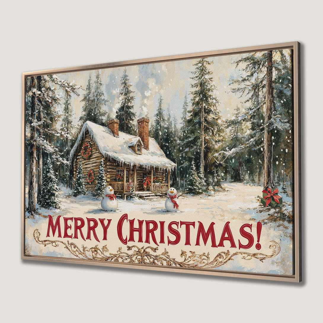 Framed Wall Art: Cozy Christmas cabin scene in a snowy forest. Rustic style with red, green, and white color palette. Perfect holiday decor.