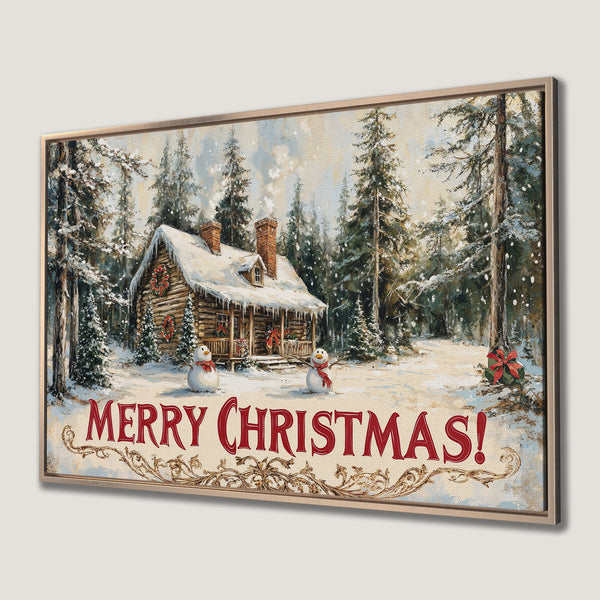 Framed Wall Art: Cozy Christmas cabin scene in a snowy forest. Rustic style with red, green, and white color palette. Perfect holiday decor.