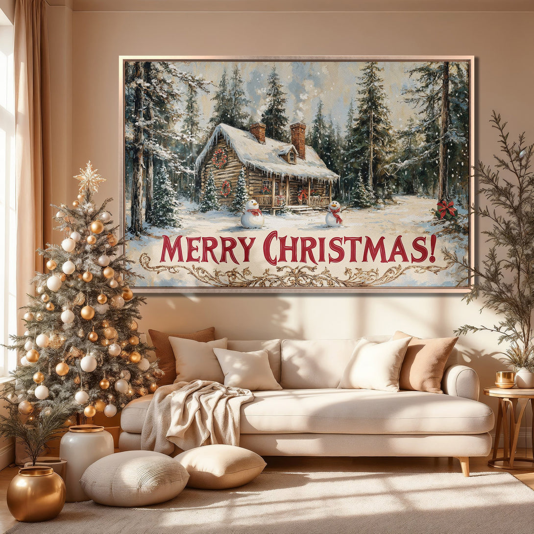 Framed Wall Art: Cozy winter cabin scene in a warm, neutral living room. Featuring a snowy landscape with a Christmas message. Perfect holiday decor!