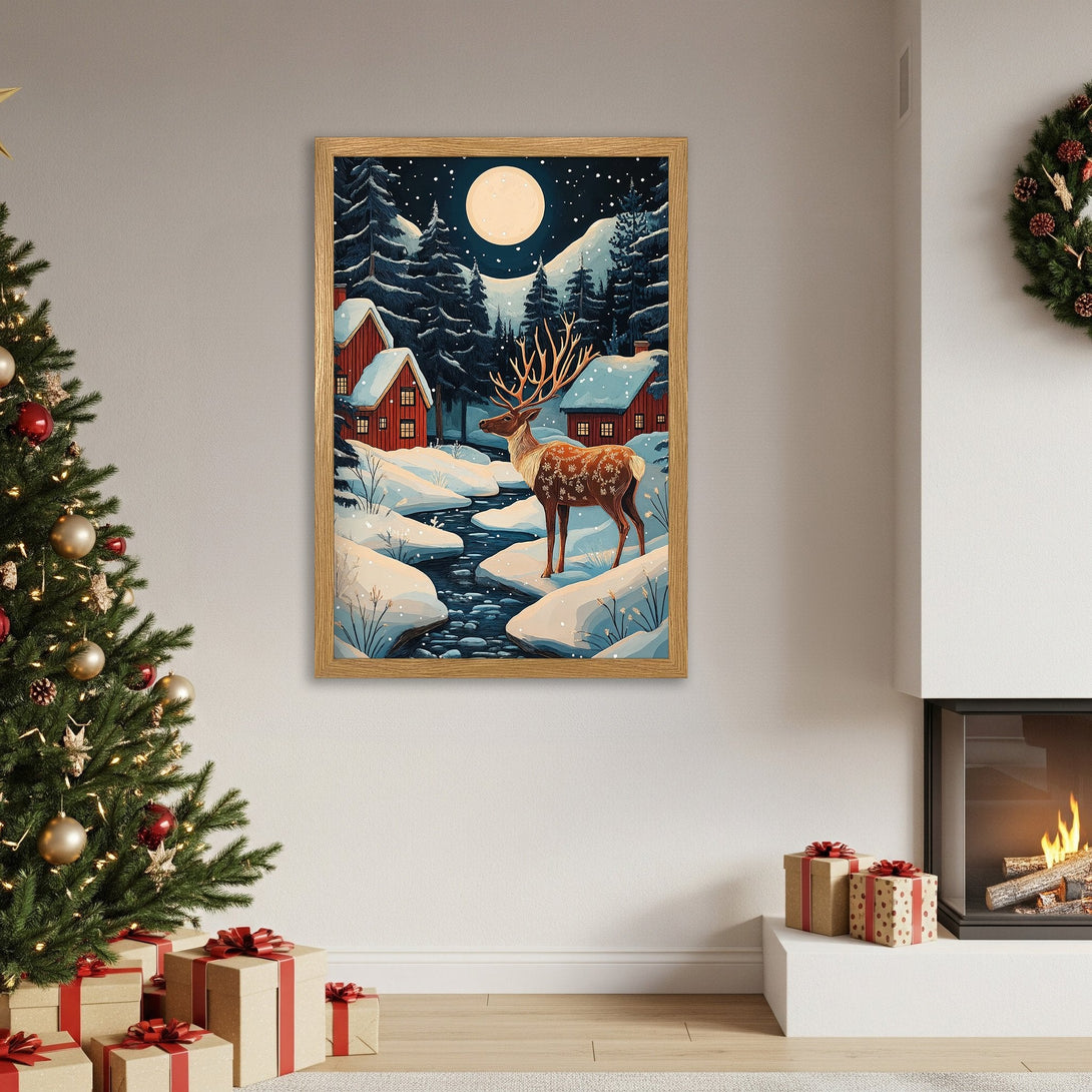Framed Poster of winter scene with deer, cabin, and snowy landscape. Artistic style, blue, red, and white color palette. Perfect for holiday decor.