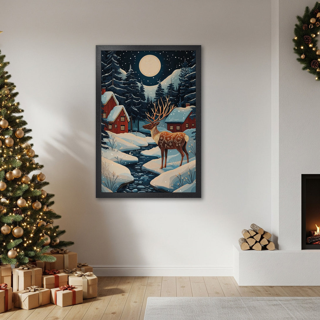 Framed Poster of a winter scene with a deer, red houses, and a full moon. Cozy, inviting art in cool blue and warm red tones. Perfect holiday decor.