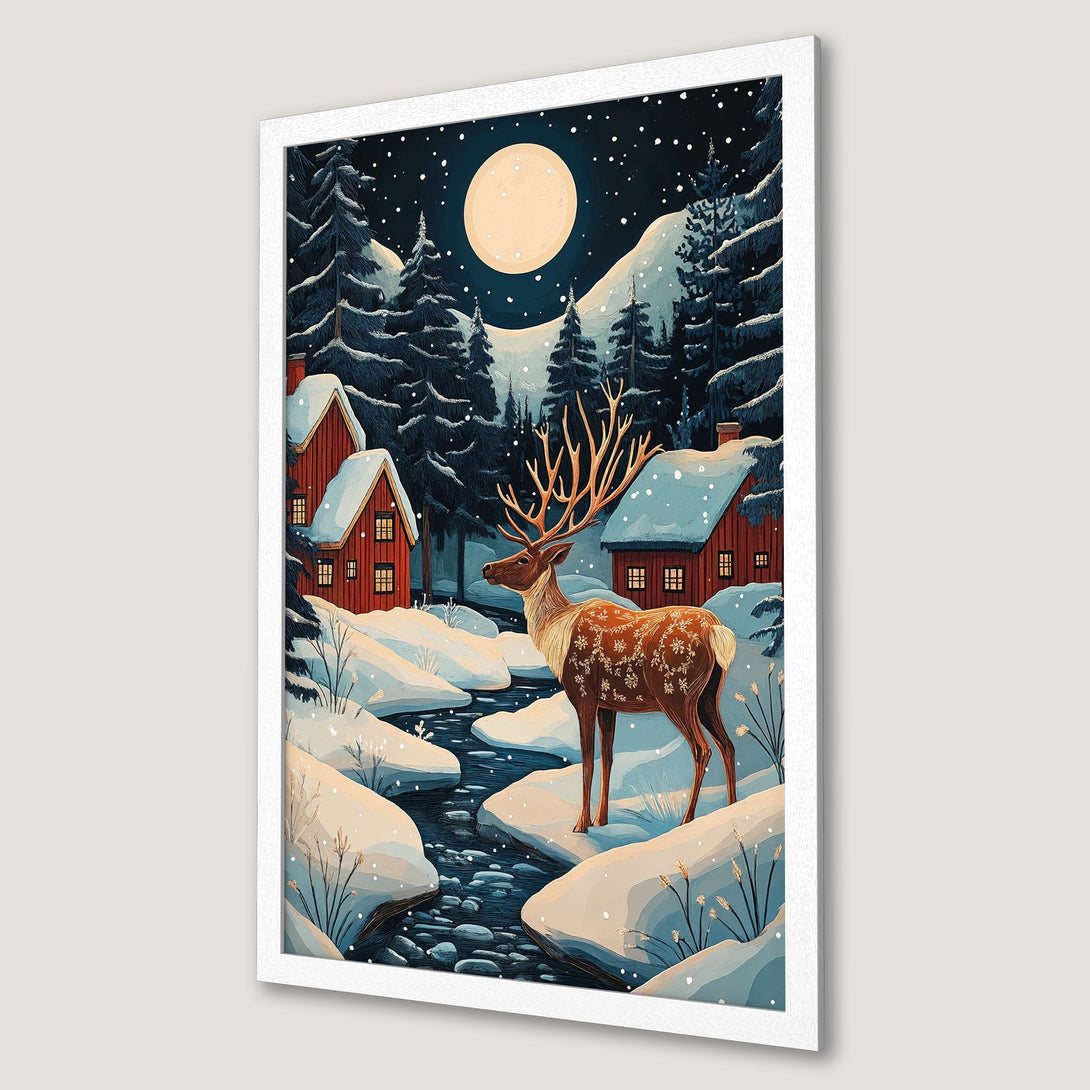 Framed Poster of a winter scene with a deer, cabin, and snowy landscape. Artistic style with a blue, brown, and red color palette. Perfect wall art!