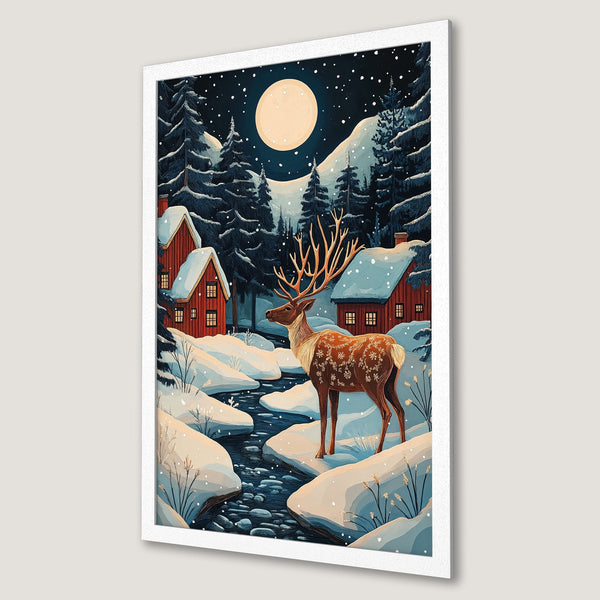 Framed Poster of a winter scene with a deer, cabin, and snowy landscape. Artistic style with a blue, brown, and red color palette. Perfect wall art!