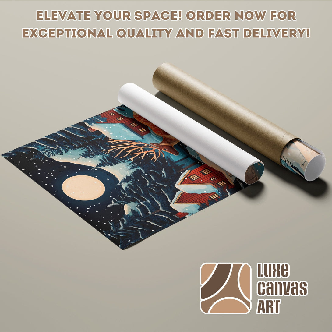 Poster Roll featuring a winter landscape painting in a dark blue and red color palette.