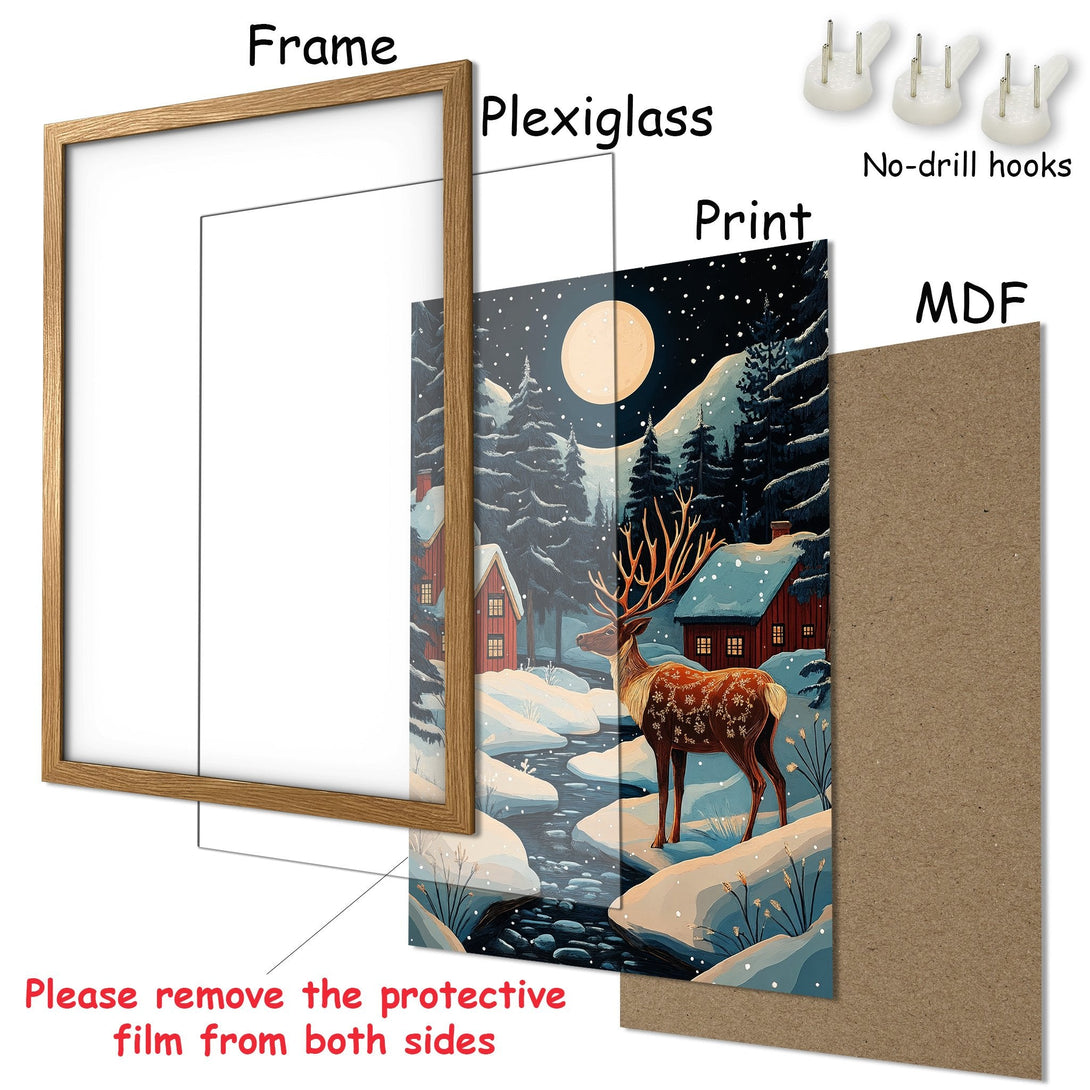 Framed Poster featuring a winter scene with a deer, in a whimsical style with blue, brown, and white tones. Perfect wall art!