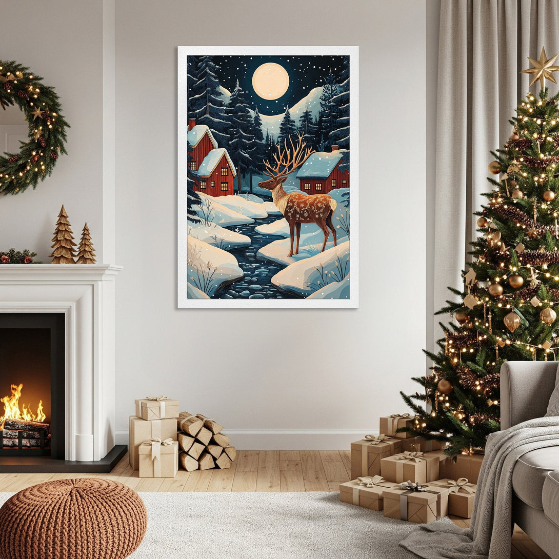 Framed Poster featuring a winter scene with a deer, in a cozy, illustrative style with a blue, white, and red color palette. Perfect for Christmas decor.