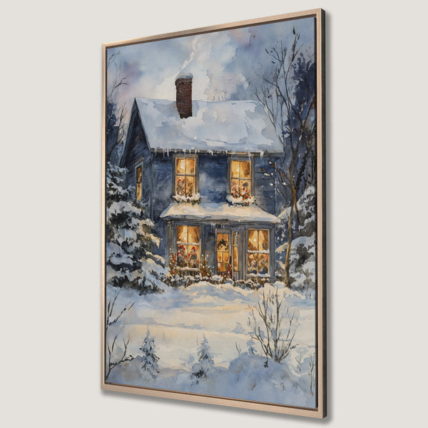 Framed Wall Art: Watercolor winter scene of a cozy snow-covered house. Blue and white color palette with warm interior lights. Perfect holiday decor.