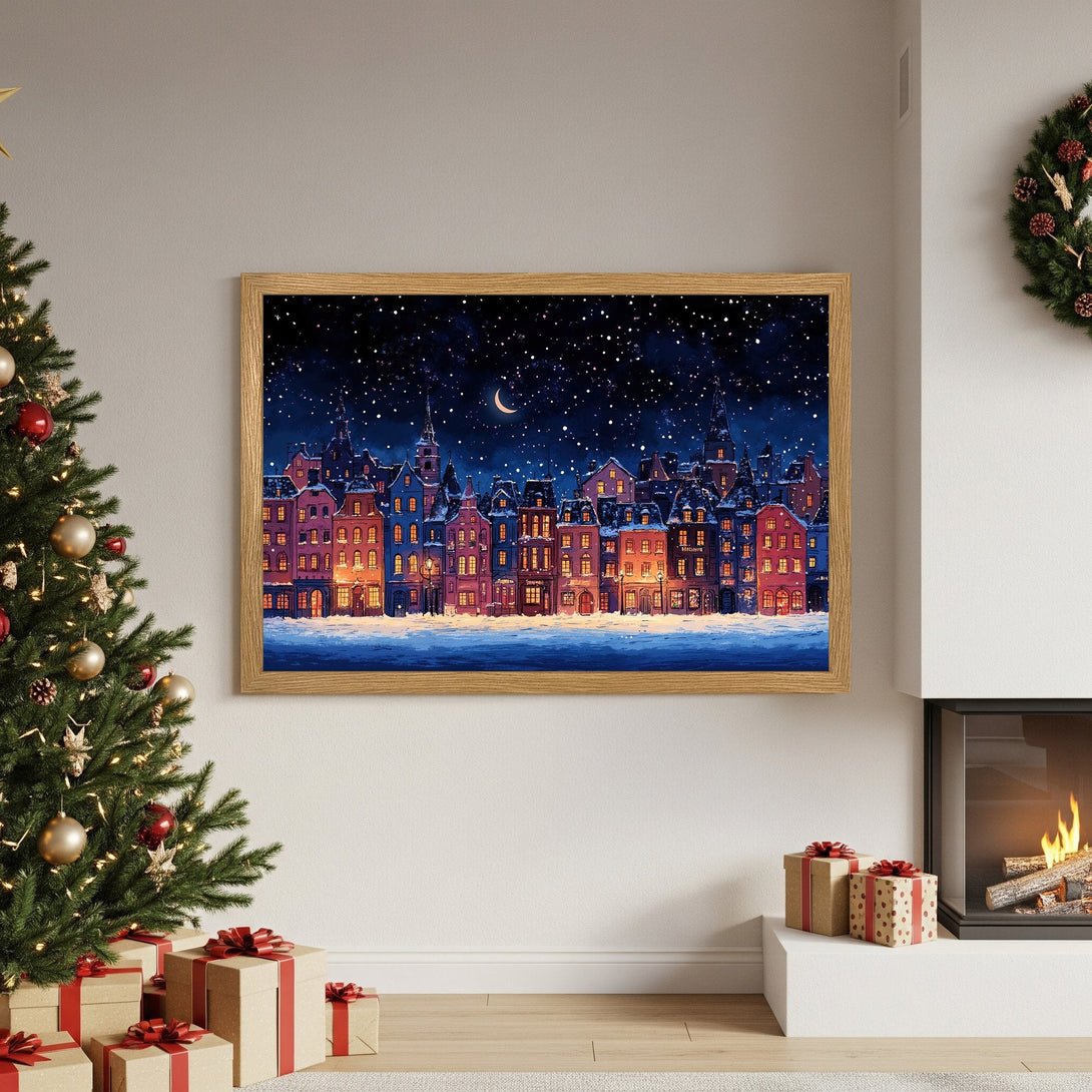 Framed Poster of a winter cityscape. Charming illustration in blue, red, and gold hues. Perfect holiday decor!
