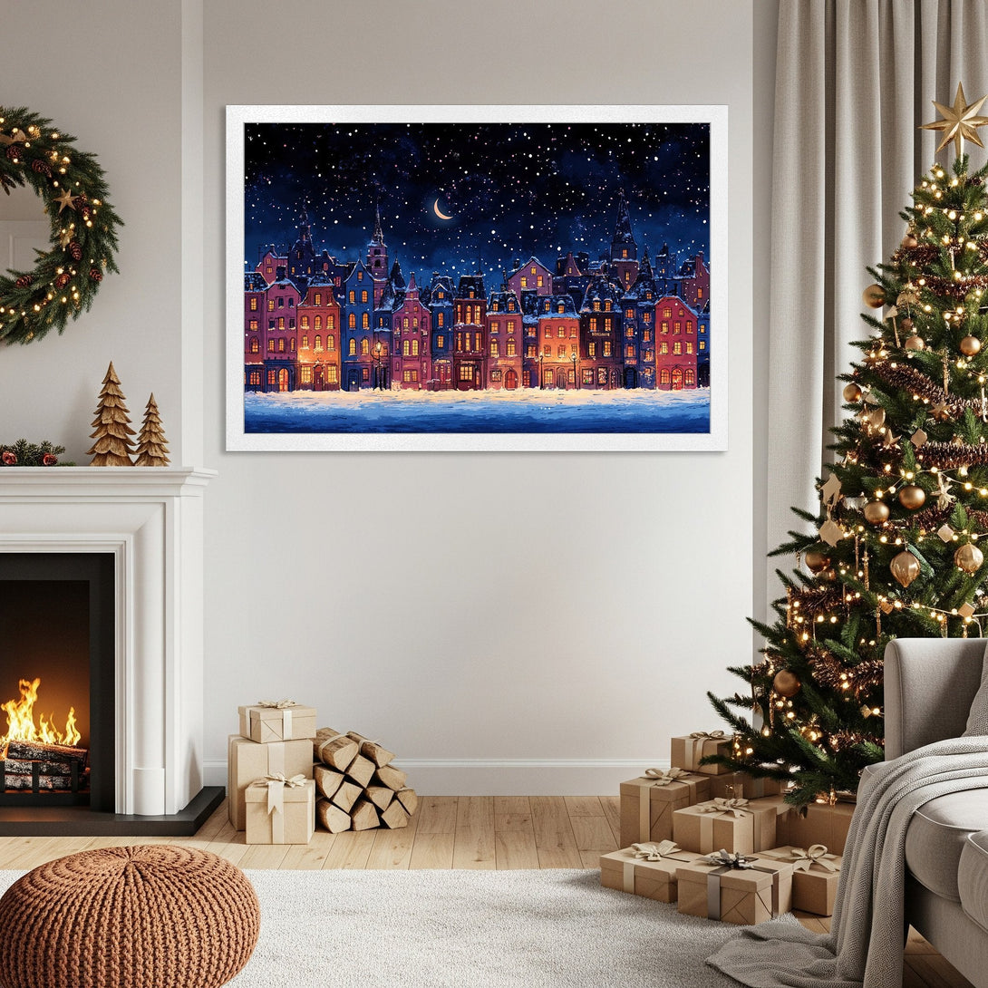 Framed Poster of a winter cityscape in a watercolor style, with a blue and warm color palette. Perfect for holiday decor.