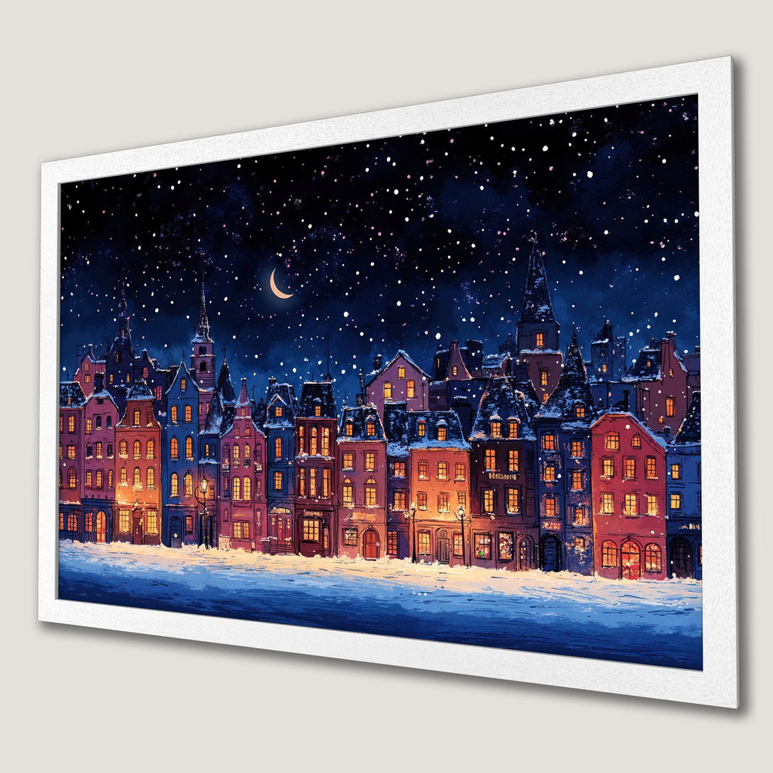 Framed Poster of a winter cityscape with a starry night sky. Watercolor style art in blue, red, and gold tones. Perfect wall decor.