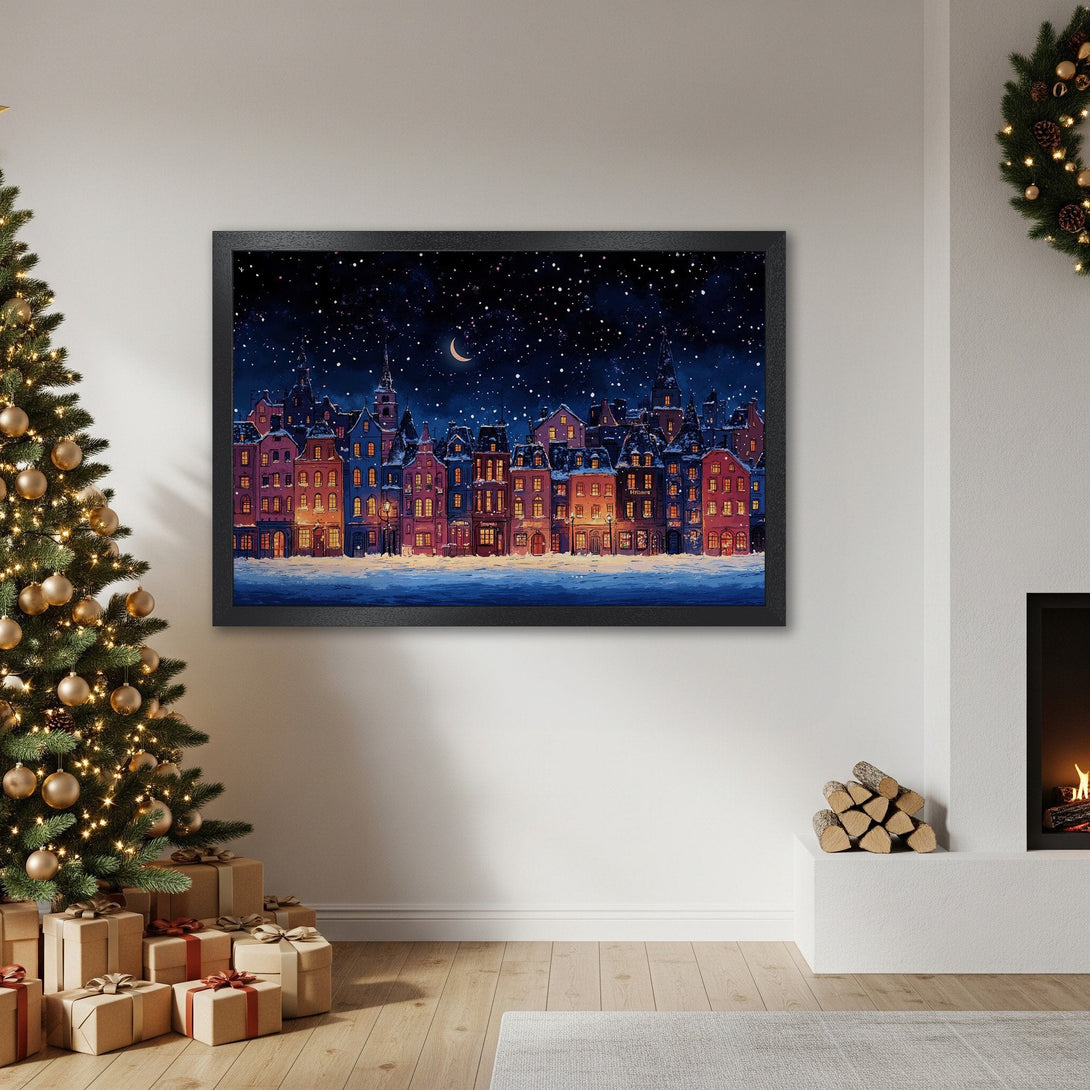 Framed Poster featuring a winter cityscape in a vibrant, painterly style with a blue and warm color palette. Perfect holiday decor!