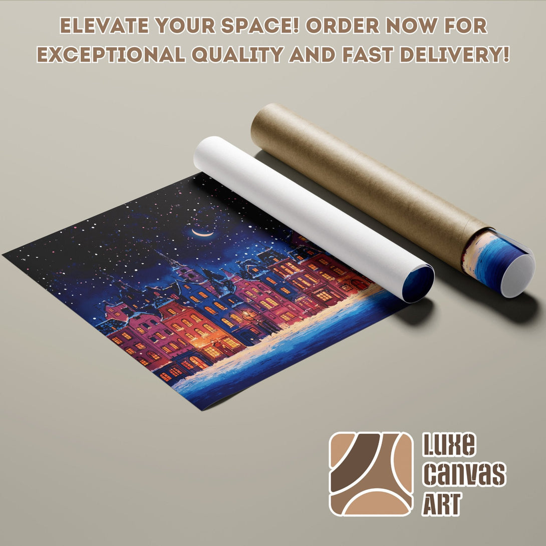 Poster Roll featuring a night cityscape with a blue, purple, and orange color palette. Order now!