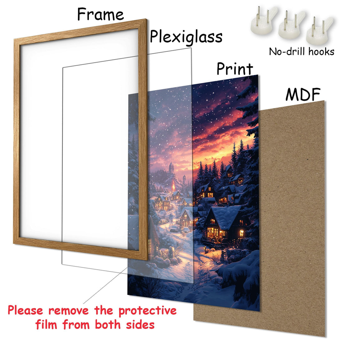Framed Poster featuring a winter village scene with warm, inviting colors and a dreamy style. Perfect wall art!