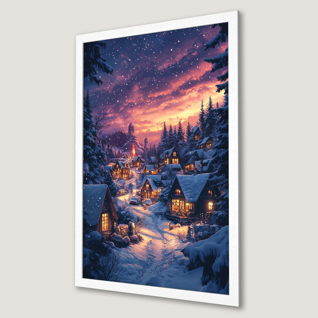 Framed Poster of a snowy village scene at dusk. Cozy winter art in a blue, orange, and white color palette. Perfect for home decor.