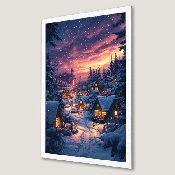 Framed Poster of a snowy village scene at dusk. Cozy winter art in a blue, orange, and white color palette. Perfect for home decor.