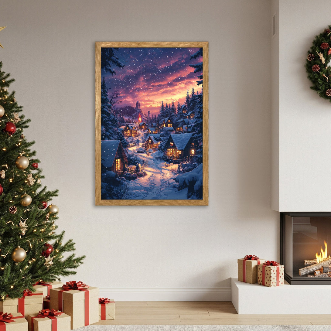 Framed Poster of a winter village scene with a warm color palette. Perfect for cozy holiday decor.