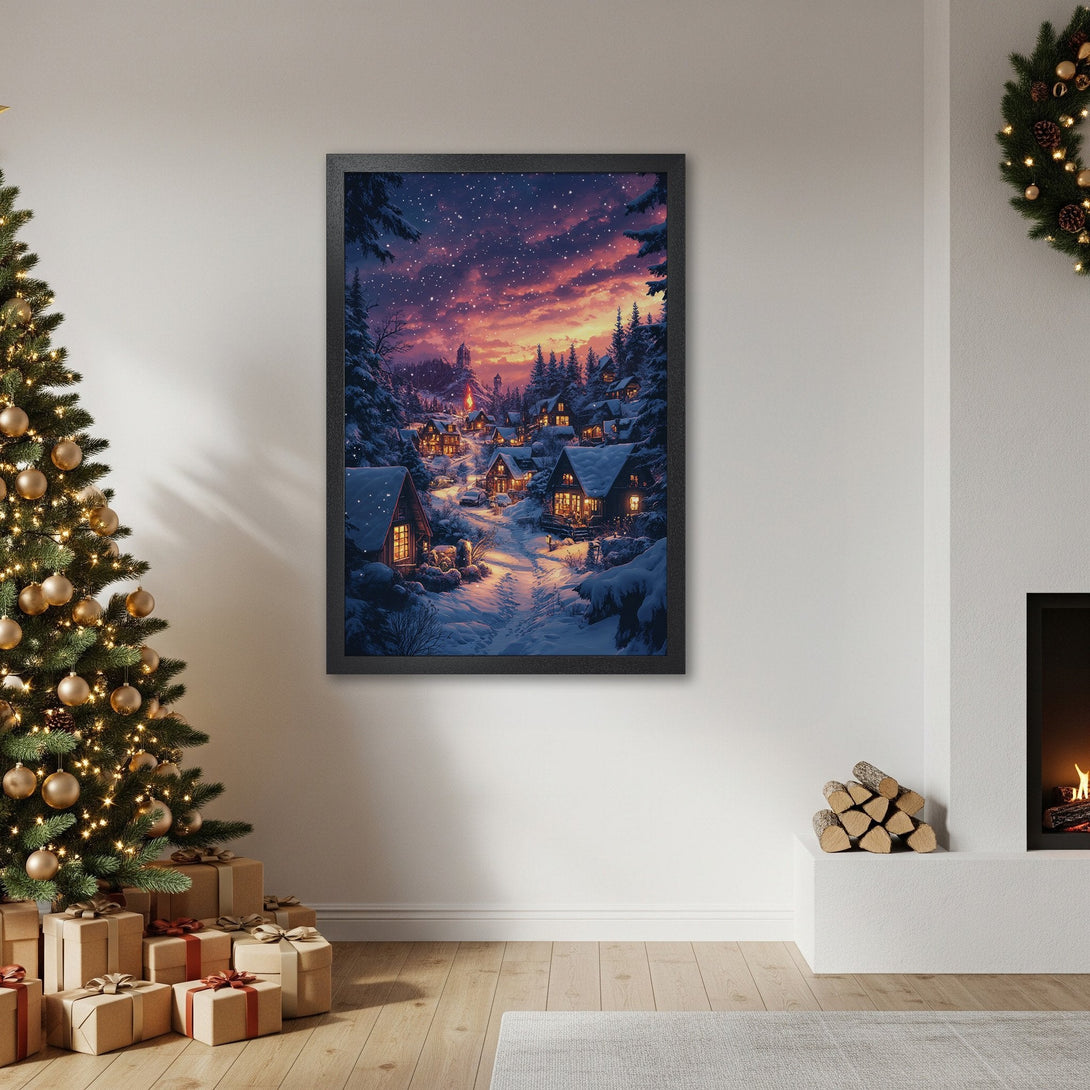 Framed Poster of a winter village scene, featuring a warm sunset color palette, perfect for cozy decor.