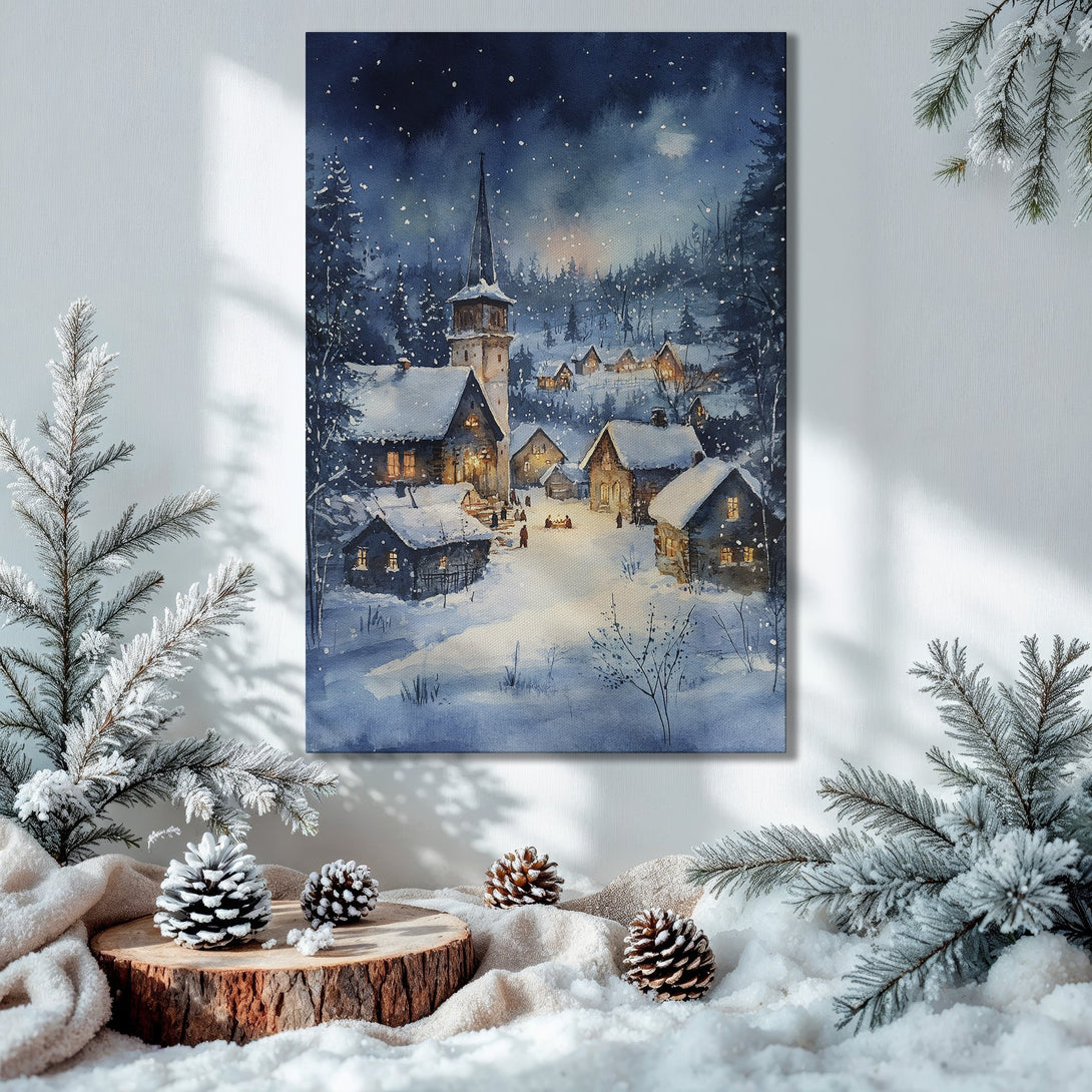 Framed Wall Art: Watercolor winter village scene in blue and white. Cozy home decor for the holidays. Add a touch of winter charm to your space.