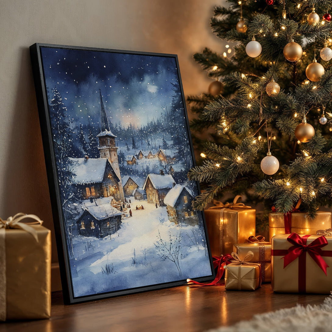Framed Wall Art: Winter village watercolor painting in blue and white tones, perfect for holiday decor. Adds cozy charm to any space.