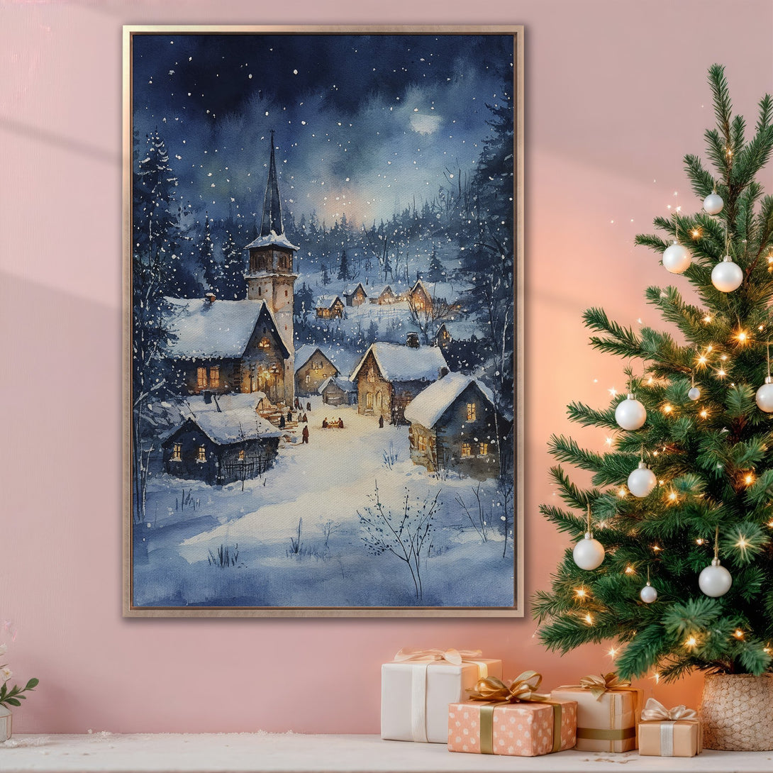 Framed Wall Art: Winter village watercolor painting in blue & white. Cozy holiday decor. Perfect for a festive living room. Shop now!