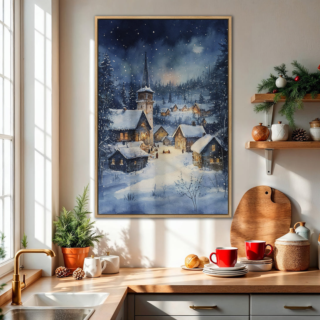 Framed Wall Art: Winter village watercolor painting in blue and white tones. Cozy home decor with a serene, snowy landscape.
