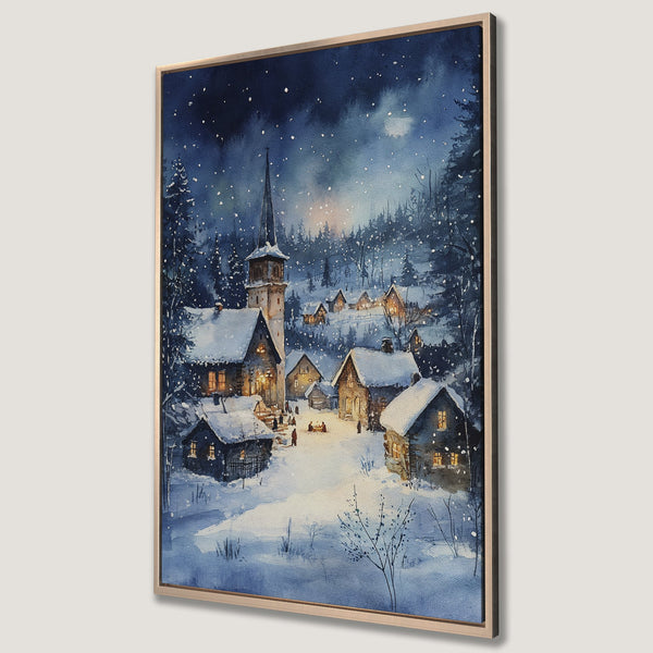 Framed Wall Art: Watercolor winter village scene in blue and white hues. Cozy snowy landscape Canvas Print perfect for holiday decor.
