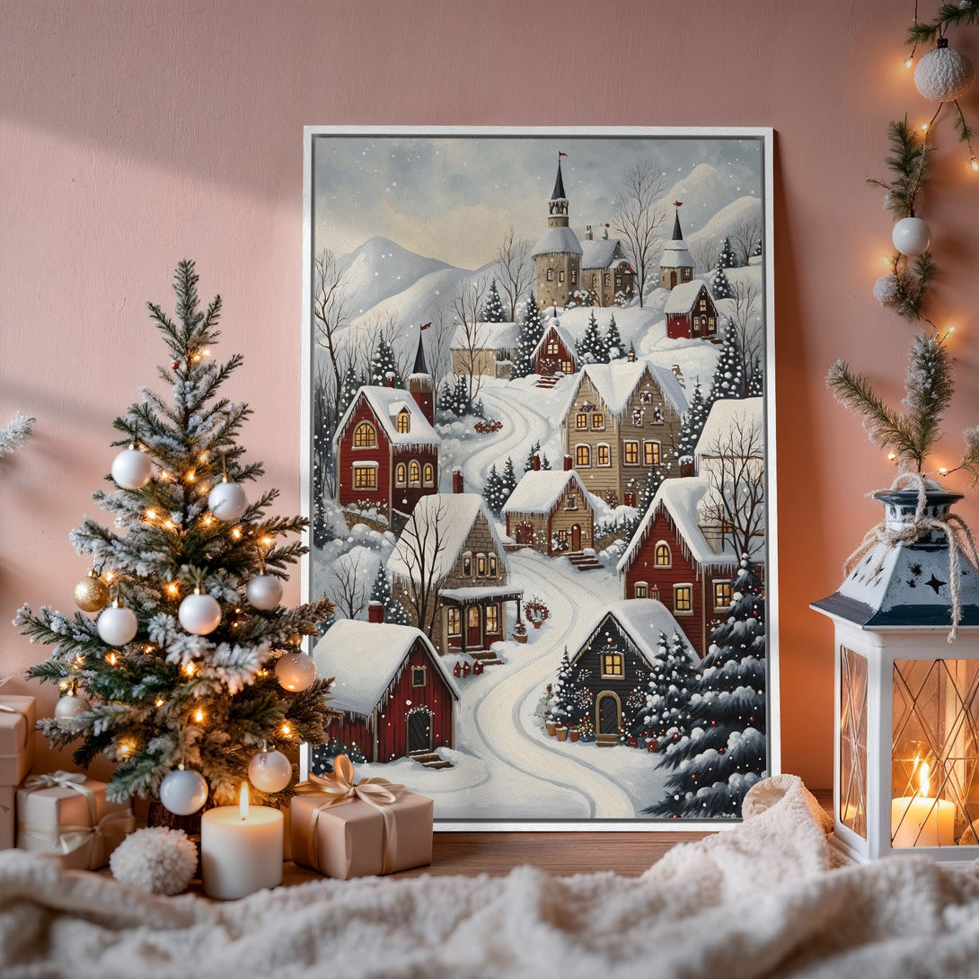 Framed Wall Art: Winter village scene in a cozy interior. Rustic art with a warm, snowy palette. Perfect Christmas decor.