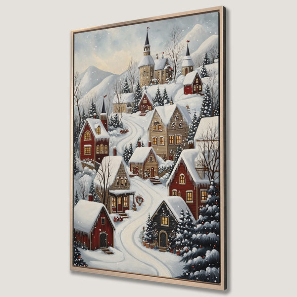 Framed Wall Art: Winter village scene Canvas Print. Charming illustration with snow-covered houses, warm red hues, and a cozy, inviting style. Perfect holiday decor.