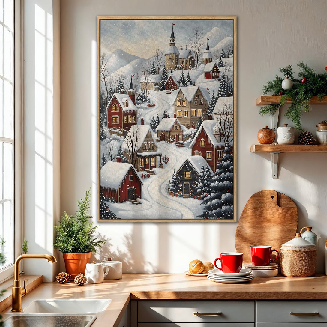 Framed Wall Art featuring a charming winter village scene in a cozy, painterly style. Soft blues, reds, and whites create a warm, inviting atmosphere.