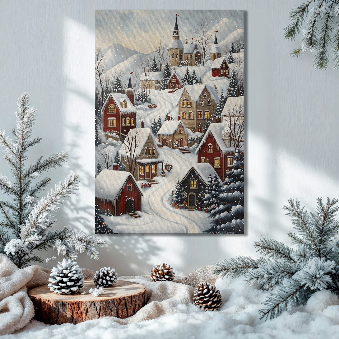 Framed Wall Art: Winter village scene in a cozy interior. Warm reds, browns, and snowy whites create a festive holiday vibe. Perfect Christmas decor!