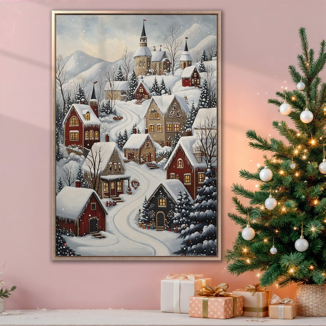 Framed Wall Art: Winter village scene canvas print in a warm, cozy style. Features snow-covered houses, a soft color palette, and festive holiday vibes.