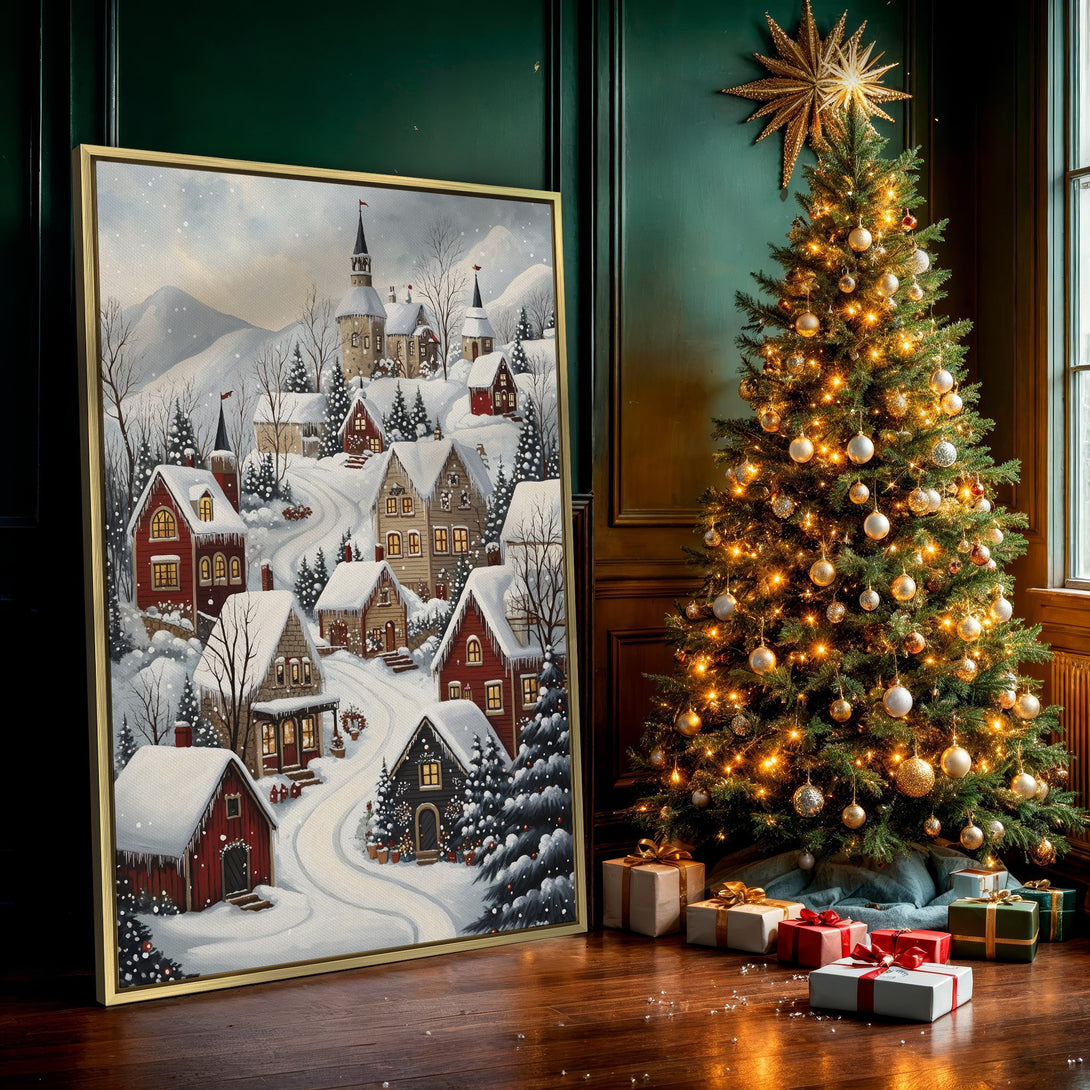 Canvas Print of a charming winter village scene. Cozy, rustic art with a warm red, brown, and white color palette. Perfect for holiday decor!