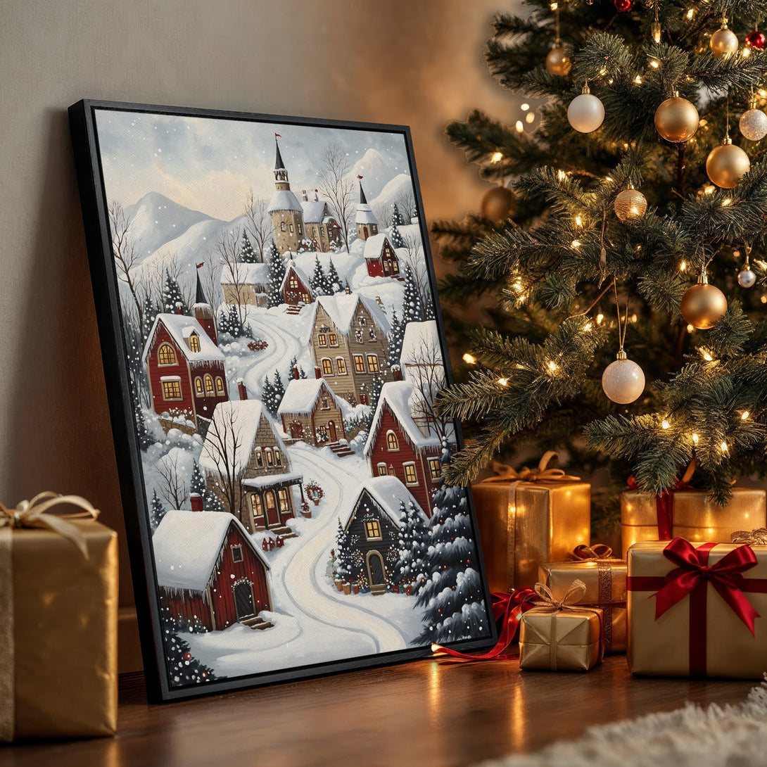 Framed Wall Art: Cozy winter village scene in watercolor style, featuring red houses & snow-covered landscape. Warm color palette, perfect for holiday decor.