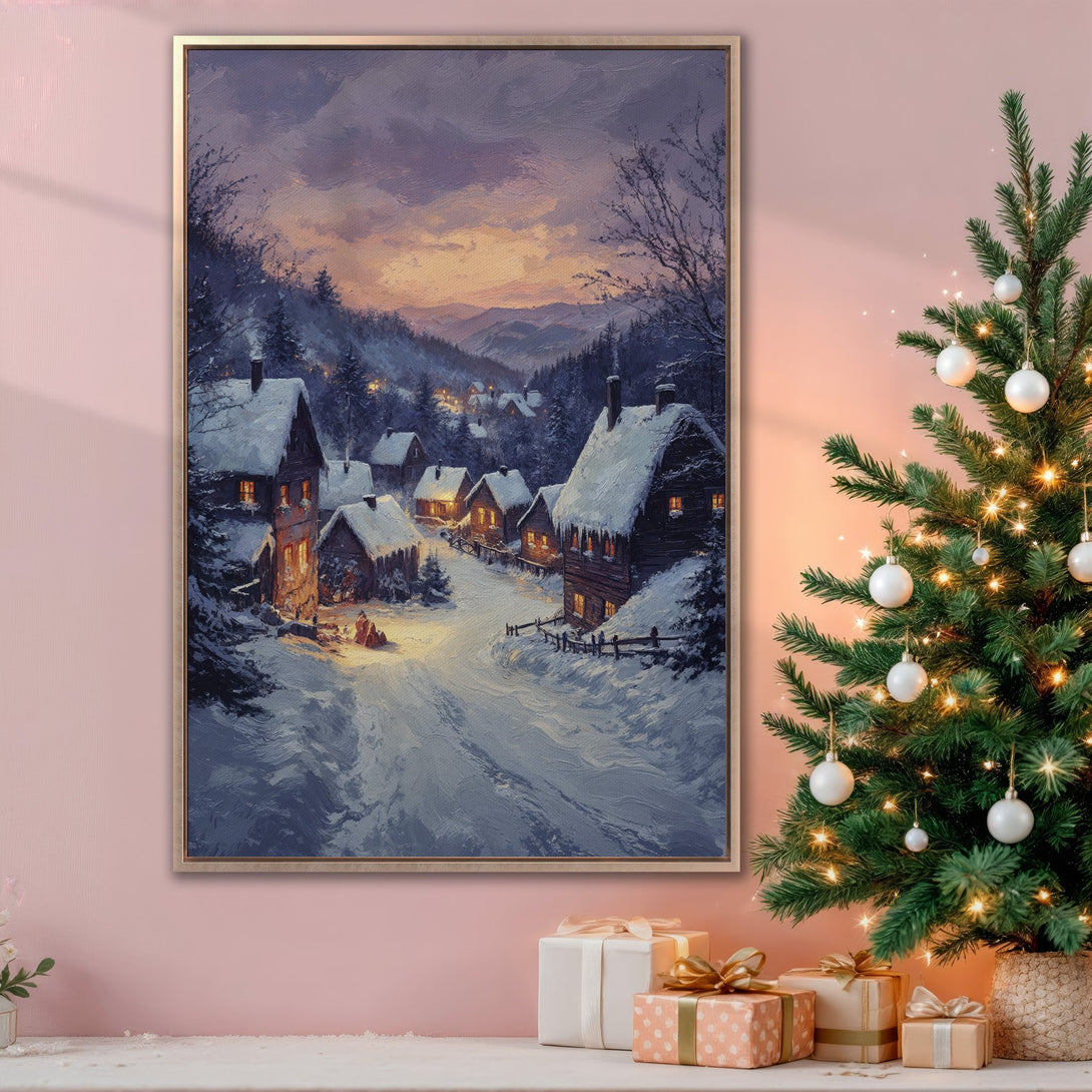 Framed Wall Art: Winter village scene in cool blues and warm oranges. Perfect holiday decor, adds cozy charm to any space. Shop now!