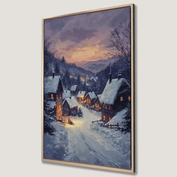 Framed Wall Art: Winter village scene in a warm, painterly style. Features snowy houses, a sunset sky, and a cool blue and orange color palette. Perfect for cozy decor.