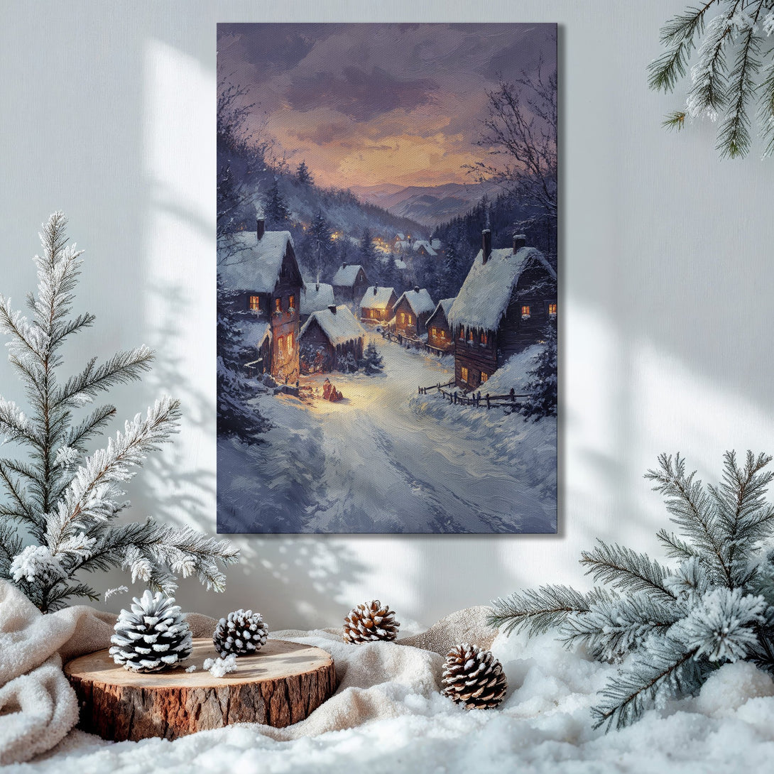 Framed Wall Art: Winter village scene in a warm, impressionistic style. Rich blues, purples, and golds create a cozy, festive atmosphere.