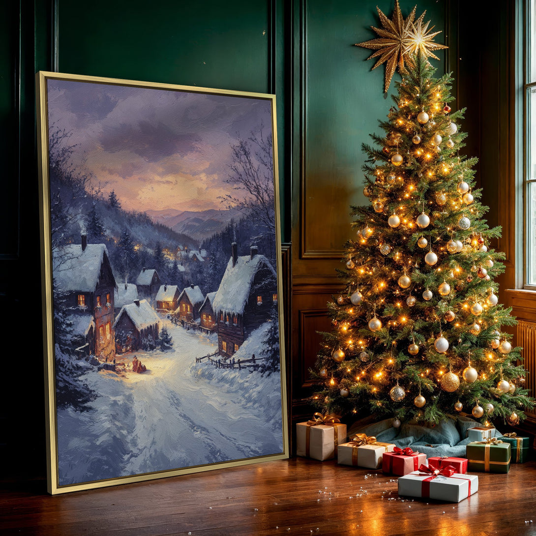 Canvas Print of a winter village scene, painted in a cozy, impressionistic style with a blue, purple, and orange color palette. Perfect for holiday decor.