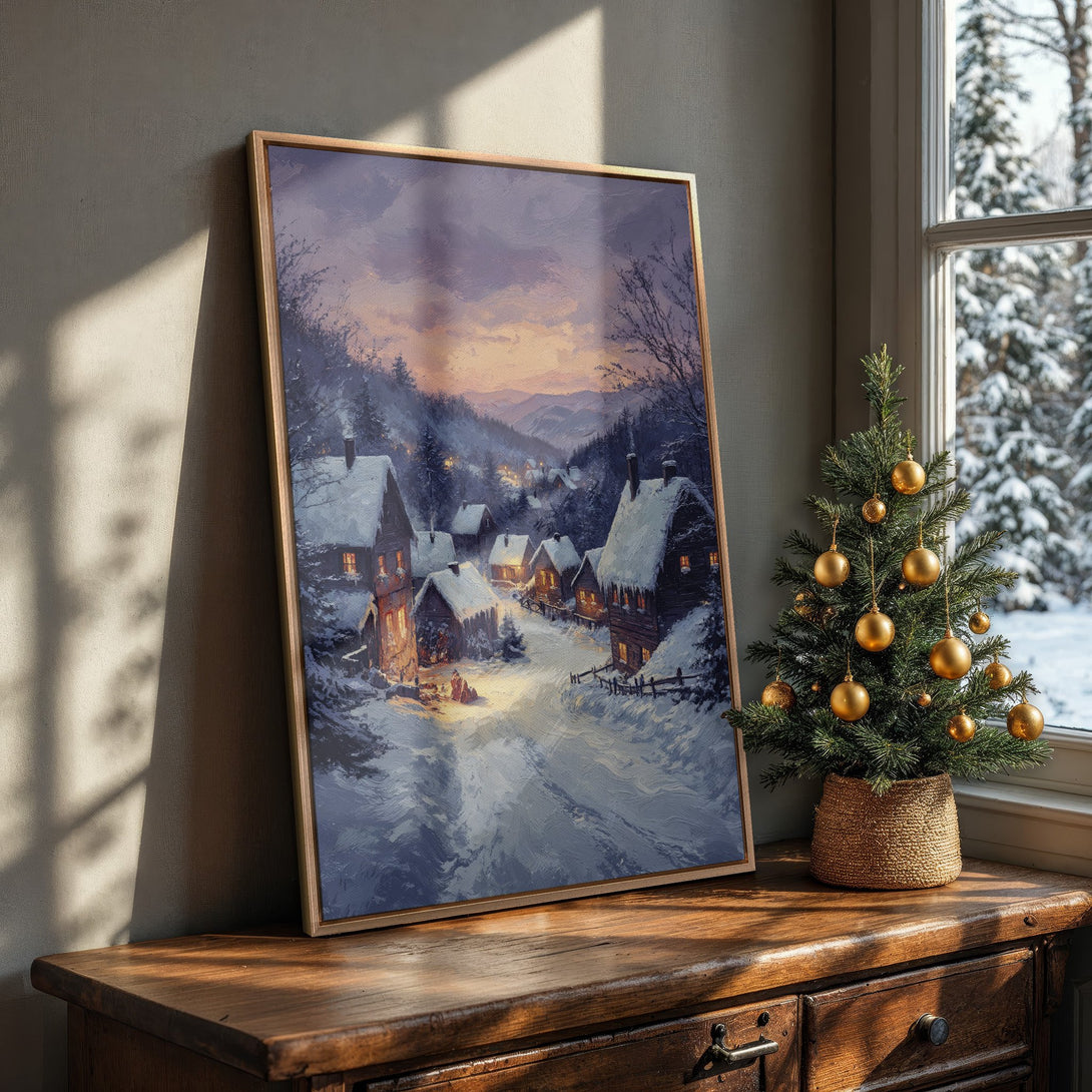 Framed Wall Art: Winter village scene canvas print in a cozy interior. Featuring a warm, painterly style with a blue, purple, and gold color palette. Perfect for holiday decor.