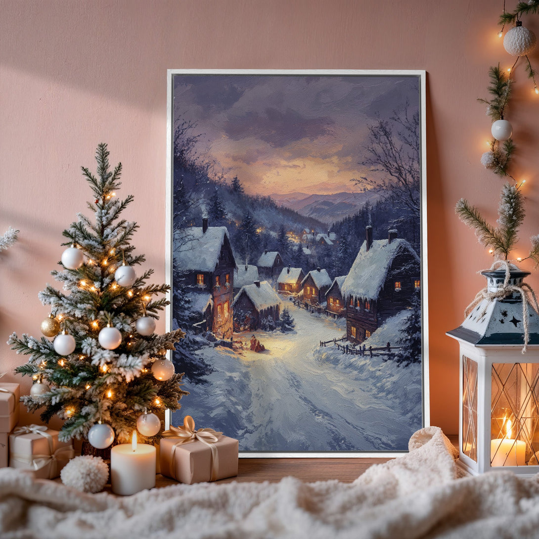Framed Wall Art: Winter village scene in a cozy interior. Oil painting style with a muted, warm color palette. Perfect for holiday decor!