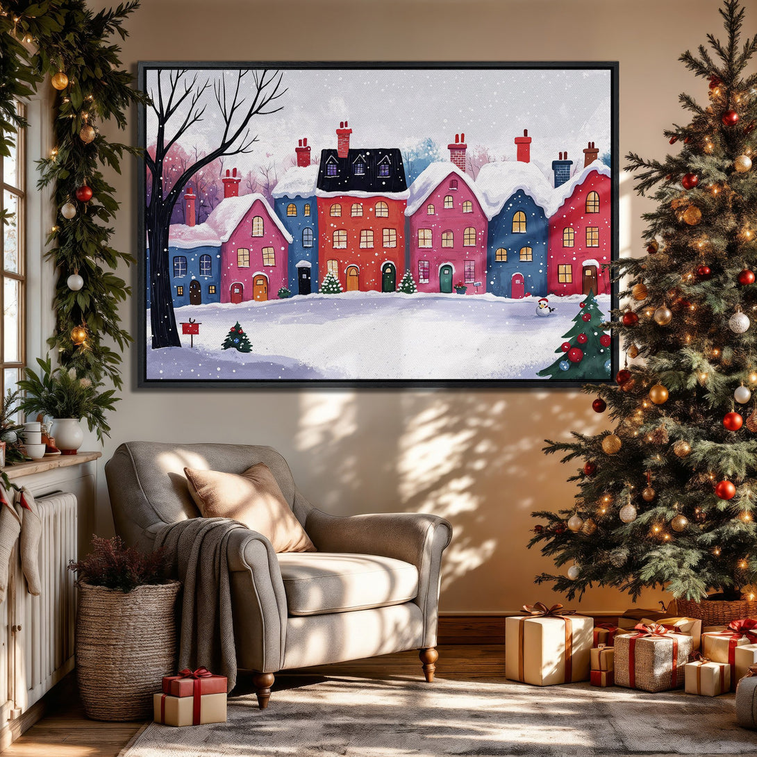 Framed Wall Art: Whimsical winter village scene in vibrant reds, blues, and pinks. Perfect holiday decor for a cozy, colorful home.