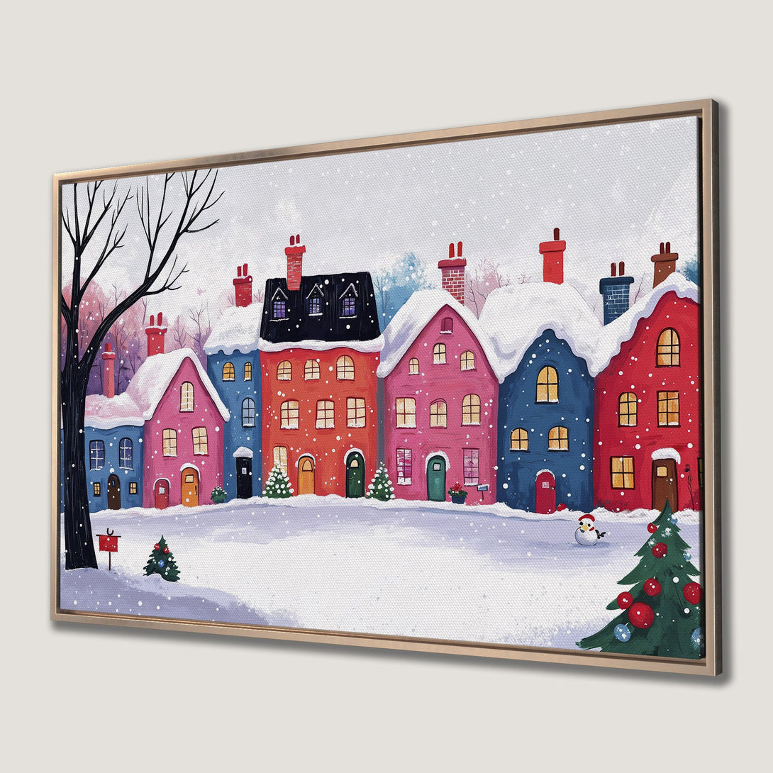 Framed Wall Art: Charming winter village scene with colorful houses, snowy landscape, and festive decor. Perfect for holiday home decor.