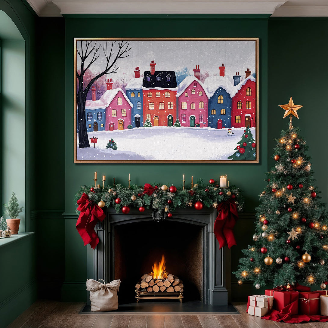 Framed Wall Art featuring a colorful winter village scene. Cozy holiday decor with a vibrant, cheerful palette. Perfect for Christmas!