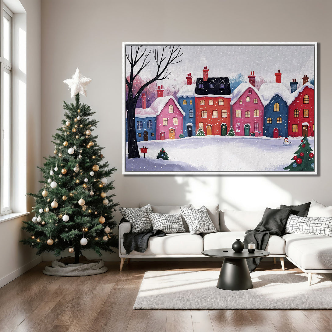 Framed Wall Art featuring a whimsical winter village scene. Colorful houses in a snowy landscape, perfect for holiday decor. Adds a cozy, artistic touch.