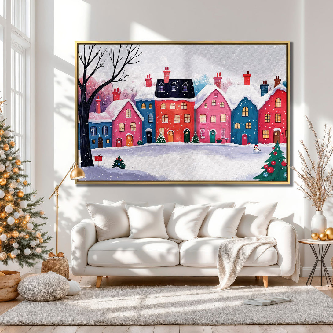 Canvas Print of a whimsical winter village scene in vibrant colors. Perfect holiday wall art!