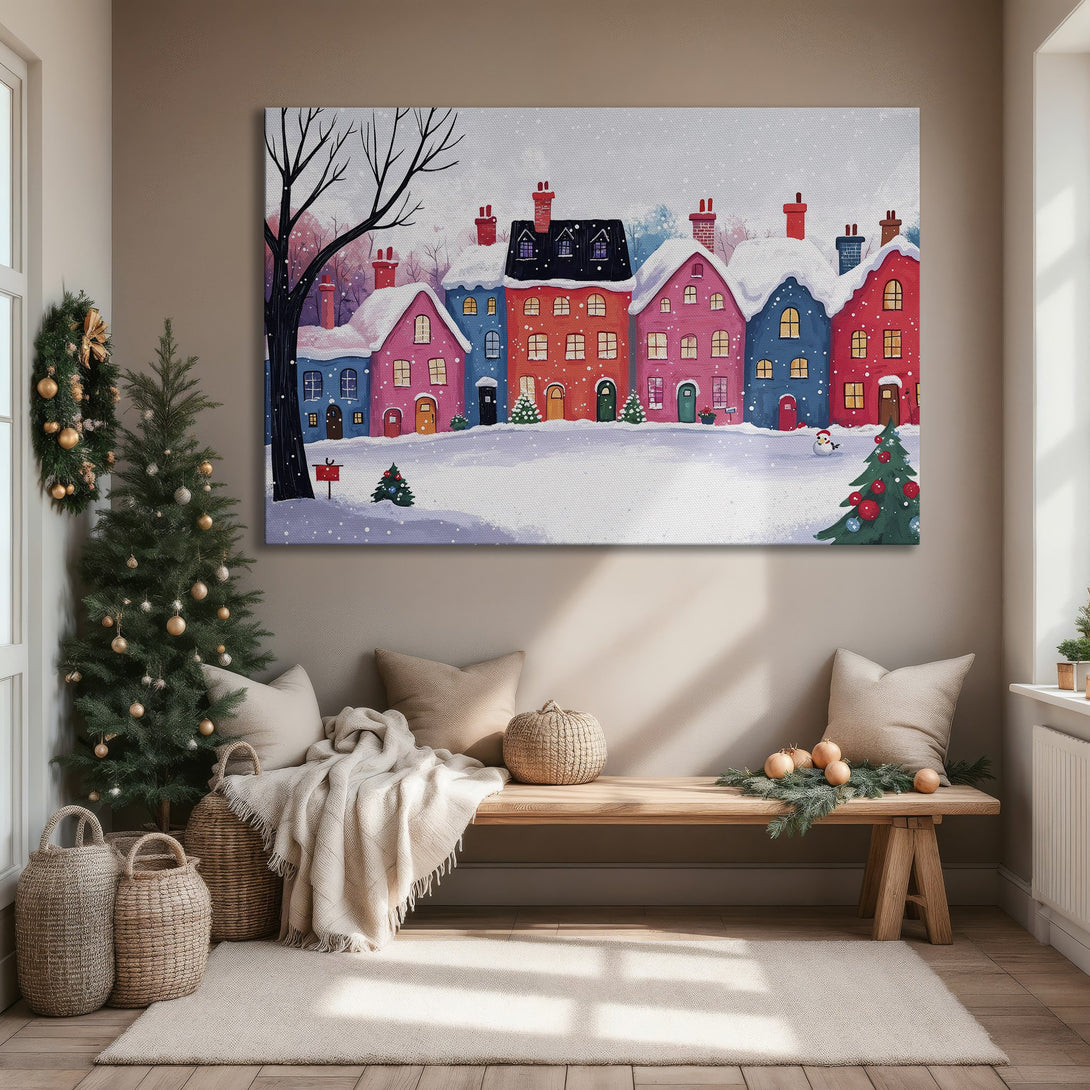 Framed Wall Art featuring a whimsical winter village scene in a colorful, watercolor style. Perfect for adding holiday cheer to your home!