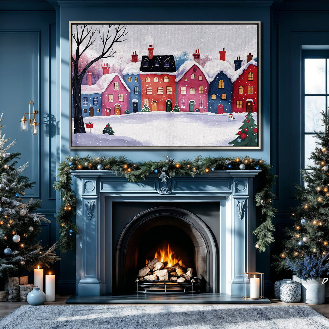 Framed Wall Art: Whimsical winter village scene in a cozy blue interior. Colorful houses with snow, perfect for holiday decor.