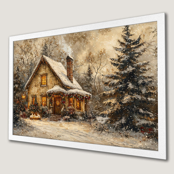 Framed Poster of a cozy winter cottage scene, painted in a warm, rustic style with a neutral color palette. Perfect holiday decor!