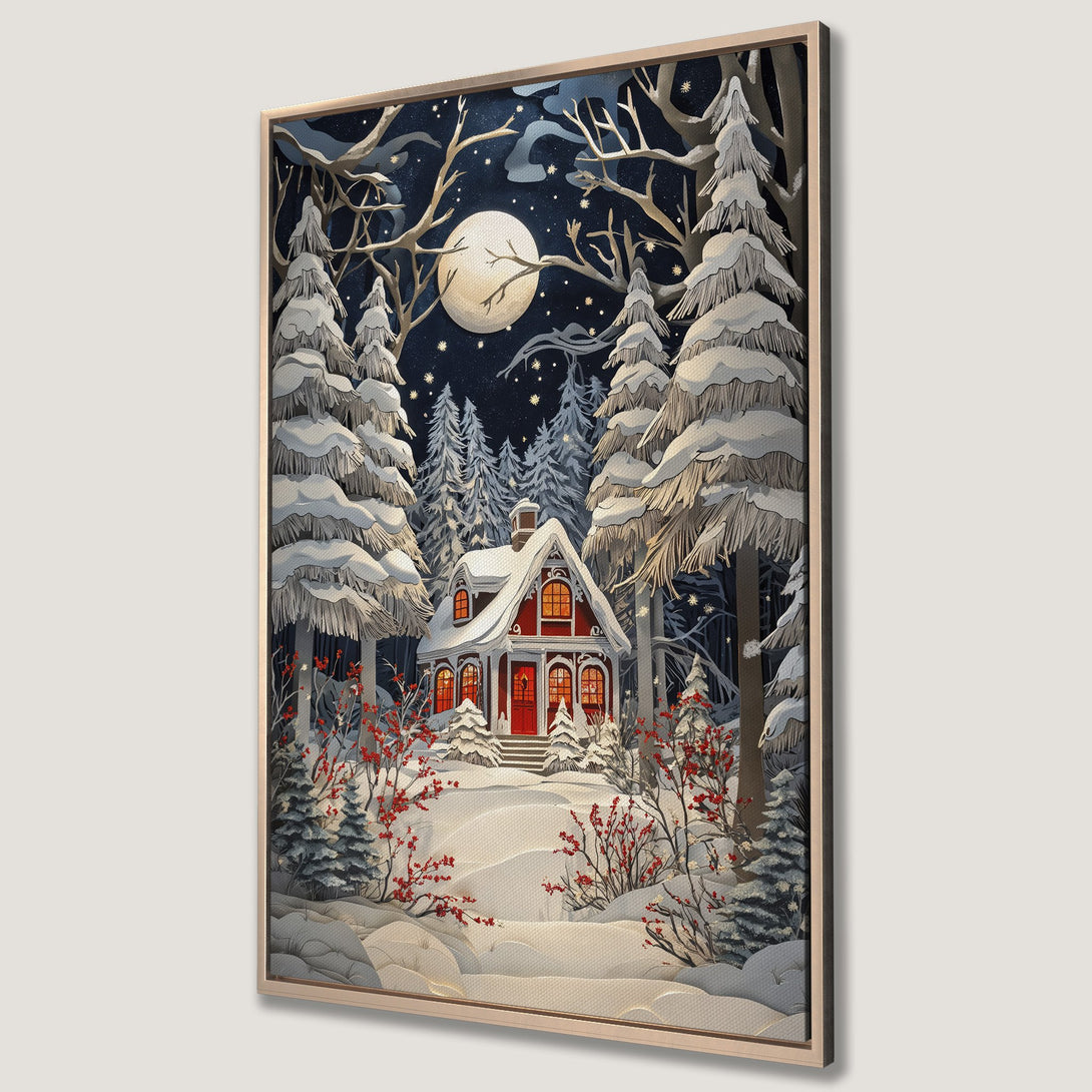 Framed Wall Art: Winter cabin scene with snow-covered trees, full moon, and a cozy red house. Serene, illustrative style with a cool, dark blue and white palette.